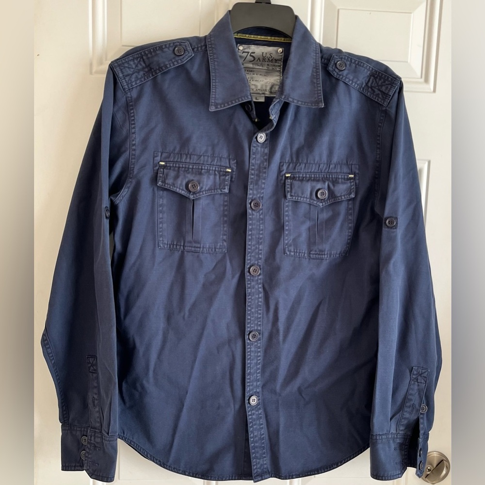 US Army Field‎ Shirt L Authentic Apparel Group Military 75th Blue Button Pockets